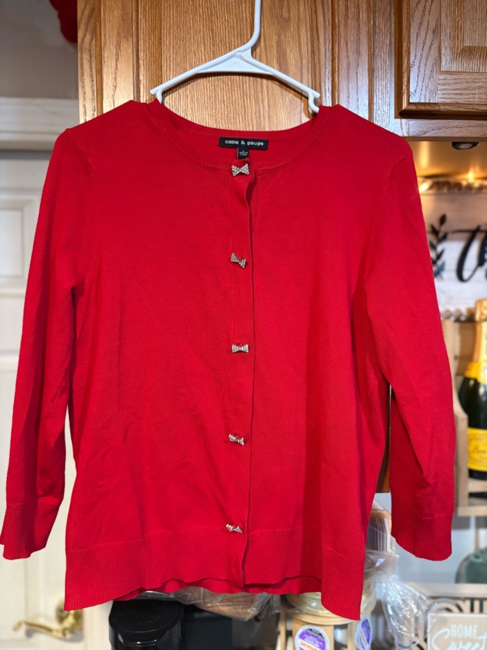 Cable & Gauge Red Cardigan with Rhinestone Bow Buttons